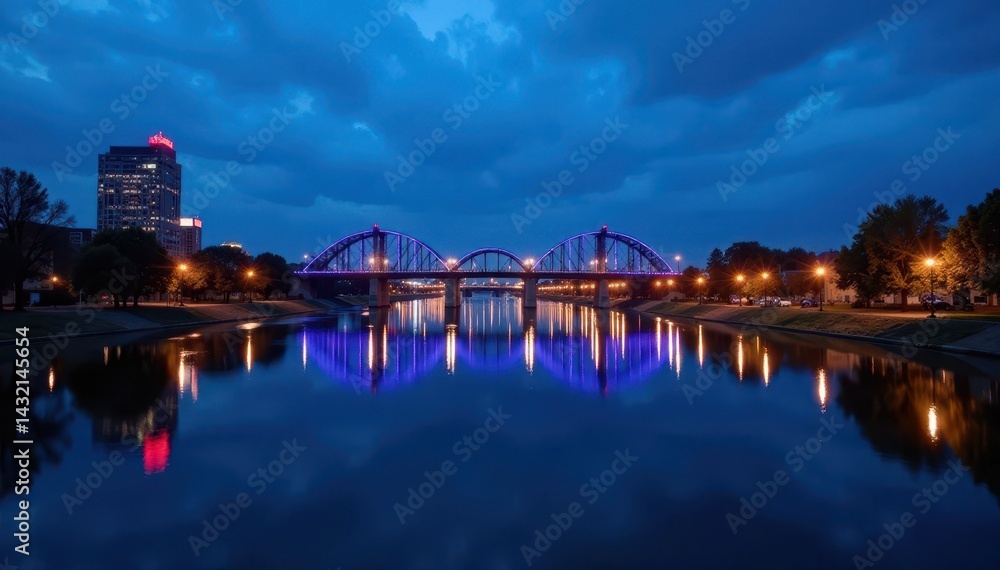 Naklejka premium Blue hour, Evansville, Indiana, river reflects lights, beautiful city, lights