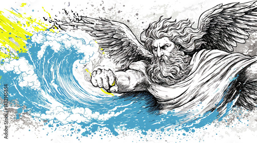 Powerful Mythological God Controlling Ocean Waves – Dynamic Angelic Figure with Wings, Splash Art, and Thunderstorm Elements