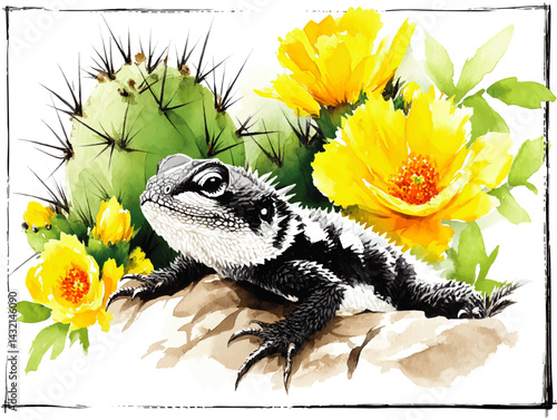 Watercolor Illustration of Horned Lizard with Yellow Cactus Flowers and Green Prickly Pear in Desert Landscape