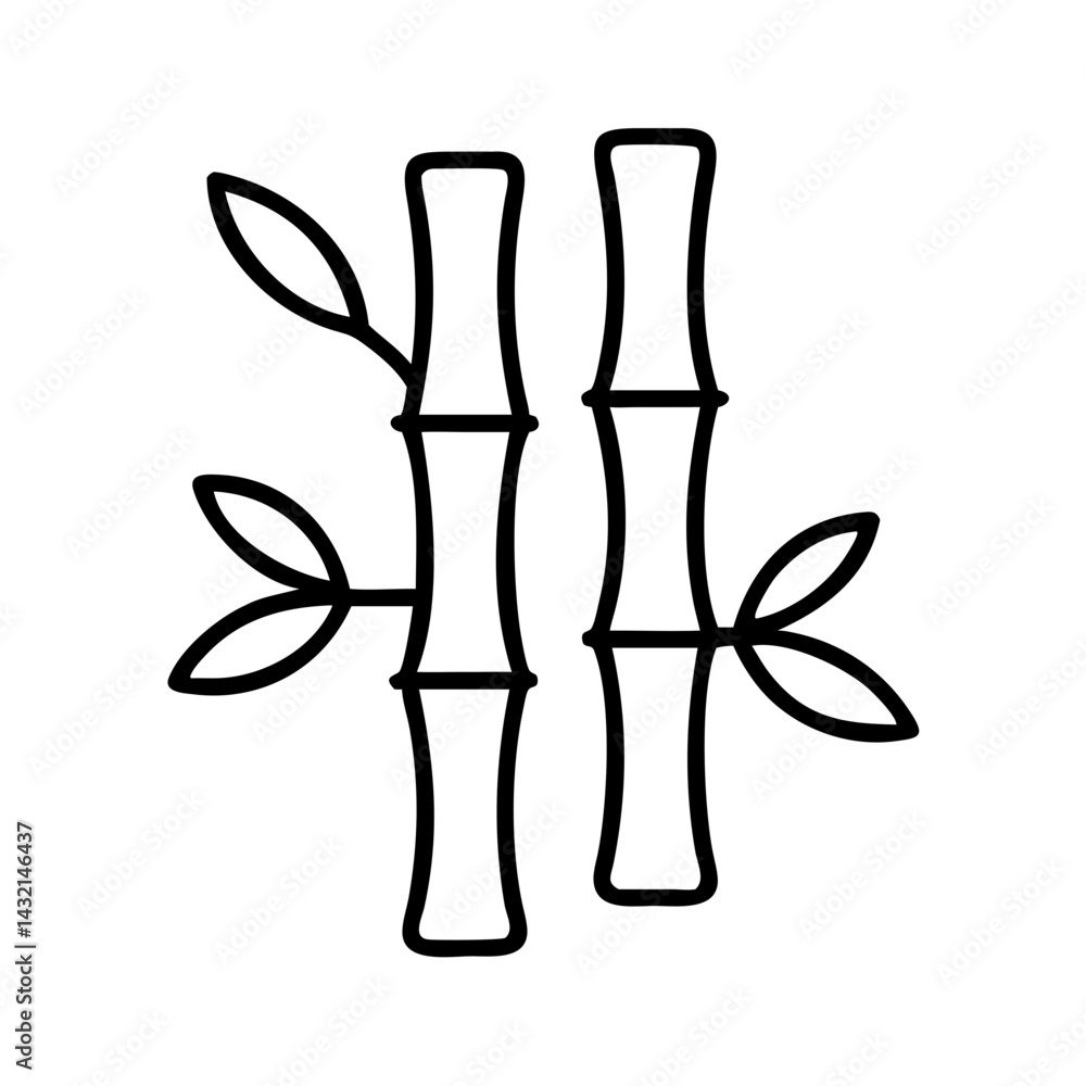 Minimalist black line icon of bamboo stalks with leaves, isolated on white background, symbol of nature, growth, balance and Asian culture Minimalist black line icon of bamboo stalks with leaves, isolated on white background, symbol of nature, growth, balance and Asian culture