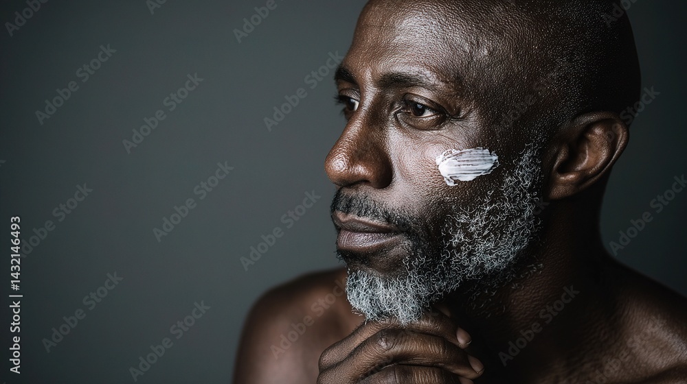 African American Man with Cream Dabbed on Cheek in Profile View African American Man with Cream Dabbed on Cheek in Profile View