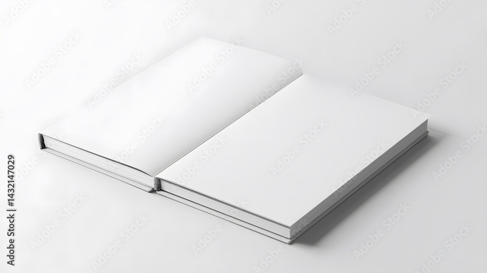 A plain notebook or binder mockup with a blank cover, set on a white desk. Minimalist stationery