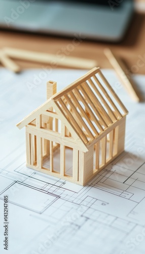 Miniature wooden house model on architectural blueprints (1)