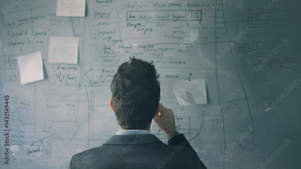 Man in suit looking at whiteboard with notes and diagrams from behind in a dimly lit room Man in suit looking at whiteboard with notes and diagrams from behind in a dimly lit room