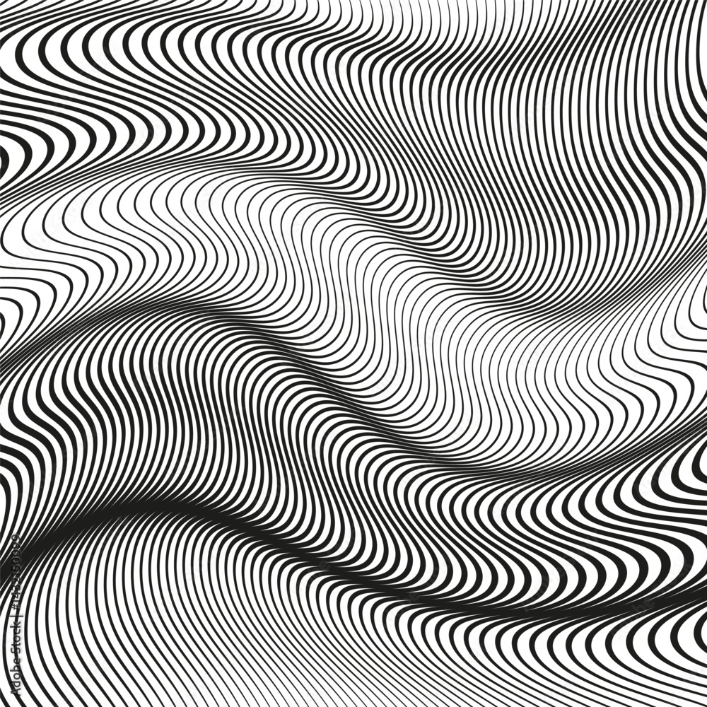 Flowing curved pattern. Abstract vector waves. Dynamic optical shape. Black artistic texture.