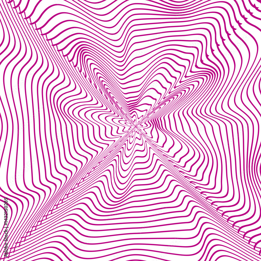 Magenta line burst. Abstract wavy field. Geometric distortion shape. Vector optical pattern.