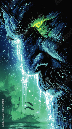 Mystical Water Spirit Face Emerging from Waterfall in Lush Forest, Surreal Fantasy Art with Neon Colors and Wildlife