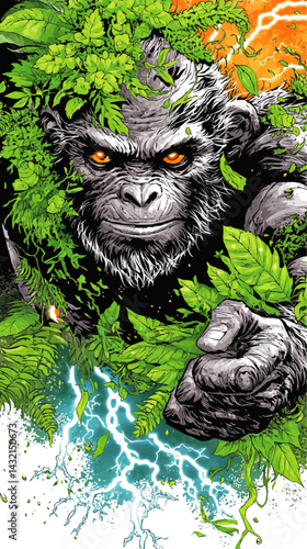 Powerful Gorilla Illustration Emerging from Jungle Foliage with Intense Orange Eyes, Lightning, and Vibrant Green Leaves