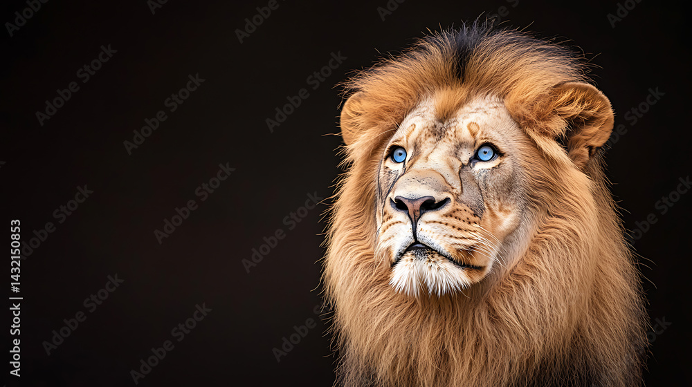 Obraz premium Powerful Lion With Intense Blue Eyes Illuminated Against A Dark Background