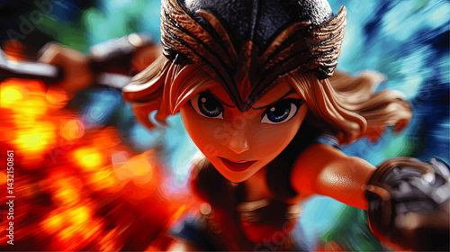Epic Animated Warrior Woman Charging into Battle – Dynamic Action Heroine, Fiery Energy, Vibrant Colors, Digital Art