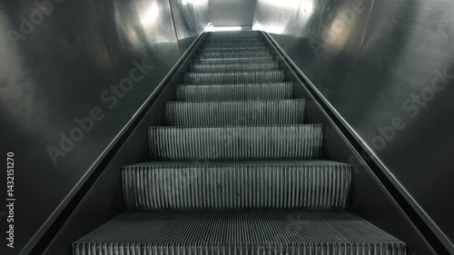 eine kontinuierliche Fahrt in Slow Motion aufwärts auf einer Rolltreppe 