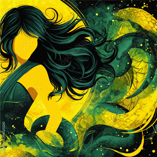 Enchanting Abstract Woman with Flowing Hair and Serpent Tail in Vibrant Yellow and Teal Surreal Fantasy Art Illustration