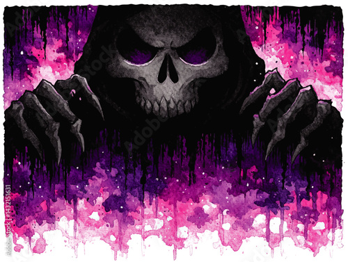 Grim Reaper Skull Watercolor Illustration with Dark Hood and Claws on Vibrant Pink and Purple Abstract Background