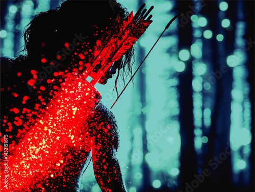 Mysterious Archer Silhouette with Red Paint Splash Effect in Enchanted Blue Forest – Dramatic Digital Art Background