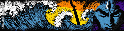 Powerful Abstract Lord Shiva Artwork with Trident and Ocean Waves, Vibrant Blue and Orange Grunge Style Illustration