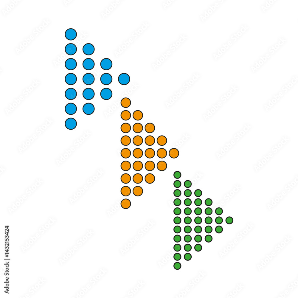 Dotted arrow icons. Directional point shape. Vector dot pattern. Colorful movement image. Dotted arrow icons. Directional point shape. Vector dot pattern. Colorful movement image.
