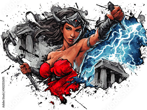 Powerful Female Warrior in Red Armor with Lightning and Ancient Greek Ruins – Dynamic Watercolor Comic Art Illustration