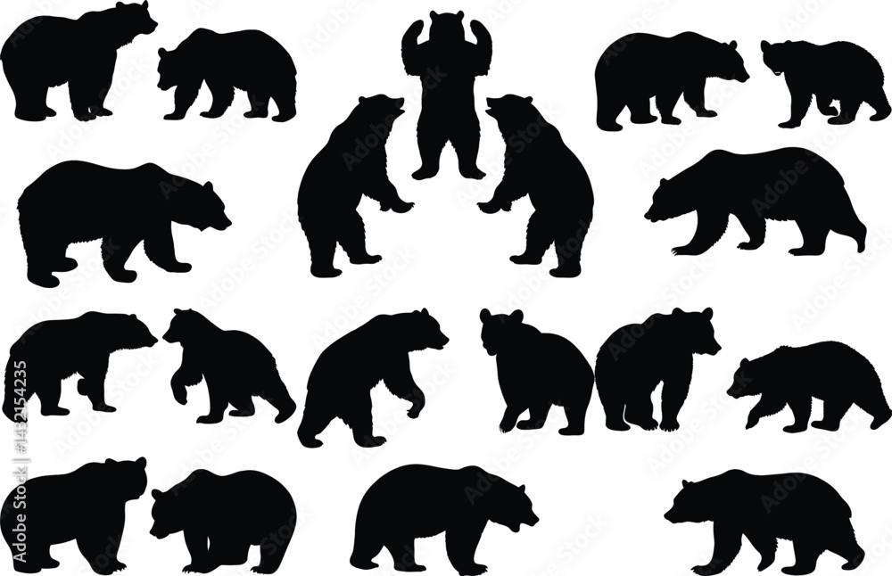 Naklejka premium Set of bear silhouette vector illustration, bear in various pose