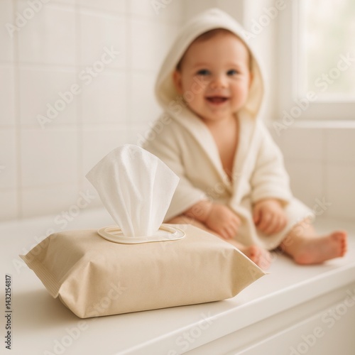 Wet wipes pack on bathroom shelf with baby wearing bathrobe in background