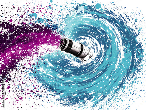 Creative Concept Art of Camera Lens Shooting Colorful Paint Splash with Dynamic Blue and Purple Swirl for Photography Inspiration