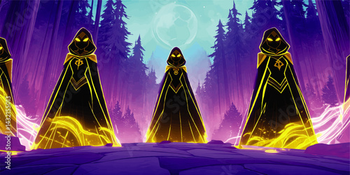 Mysterious Hooded Figures with Glowing Eyes and Magical Energy in Enchanted Forest Under Moonlight – Fantasy Art Illustration