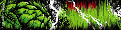 Abstract Green Hop Art with Grunge Texture and Splatter Elements – Modern Vector Illustration for Craft Beer and Brewing Themes