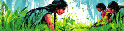 Vibrant Indian Women Farmers Working in Lush Green Fields, Traditional Rural Agriculture, Colorful Nature Illustration