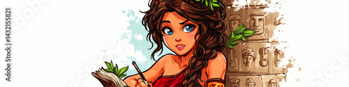 Beautiful cartoon Greek muse writing in journal with laurel wreath and ancient column, vibrant historical illustration