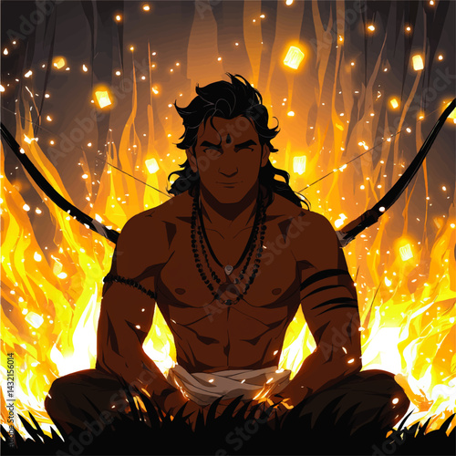 Mystical Warrior Meditating in Fire, Bow on Back, Sacred Hindu Aesthetic, Powerful Spiritual Energy, Glowing Lanterns, Vector Art