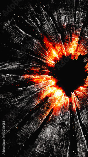 Abstract Charred Wood Texture with Glowing Fire Center, Cracked Burnt Rings and Fiery Explosion Effect on Black Background