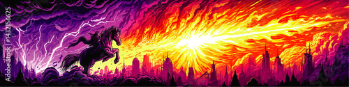 Epic Apocalypse Cityscape with Dark Horseman and Fiery Meteor - Dramatic Digital Art, Vivid Colors, End of the World Scene