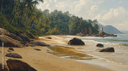 Tropical beach scene with palm trees, rocks, and gentle waves