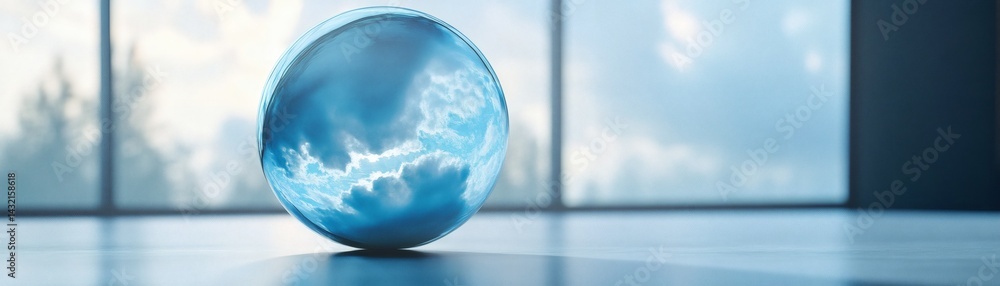 A clear glass ball reflecting the sky, set against a bright interior with large windows A clear glass ball reflecting the sky, set against a bright interior with large windows