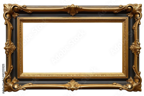 A large, ornate gold and black picture frame with a transparent background, featuring intricate carvings and detailing on the corners and edges.
