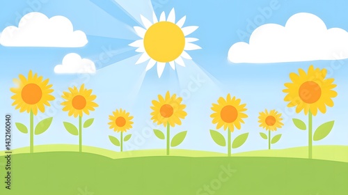 Happy Sunflowers Growing in Sunny Field Illustration
