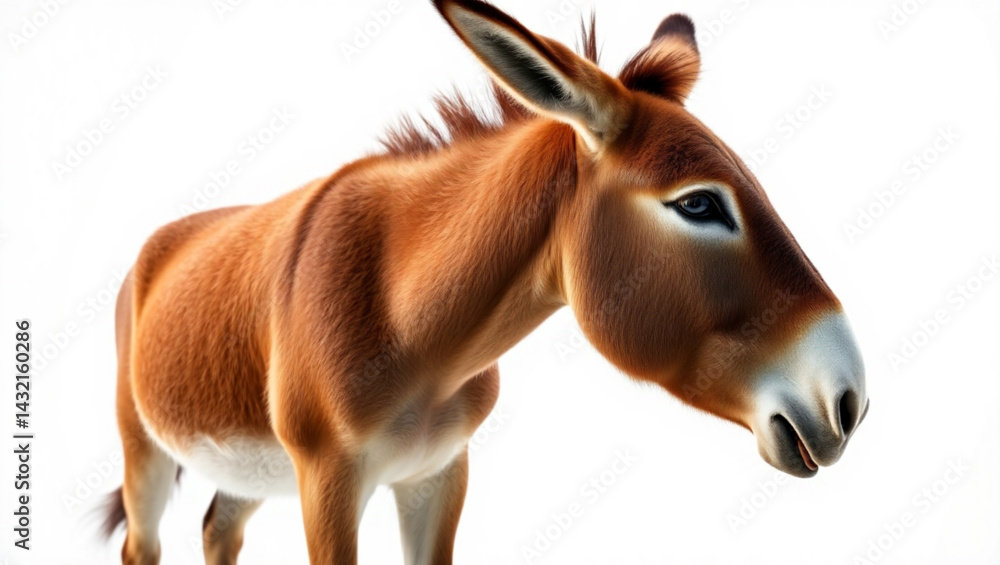 Close up view of a brown donkey standing on a white background in a studio setting looking down created with generated ai Close up view of a brown donkey standing on a white background in a studio setting looking down created with generated ai