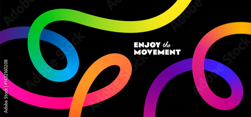 Abstract Color Line Shapes Pattern on Black Background. 3D Wave Shapes with Gradient. Vector Squiggle Graphic Element. Fun Rainbow Colored Wavy Ribbons