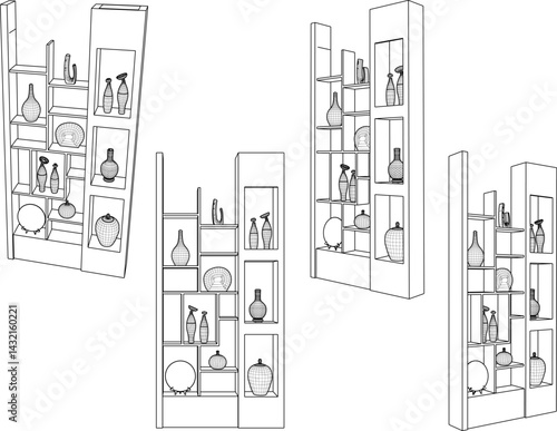 vector sketch illustration of furniture design wardrobe bookcase with modern minimalist interior decoration