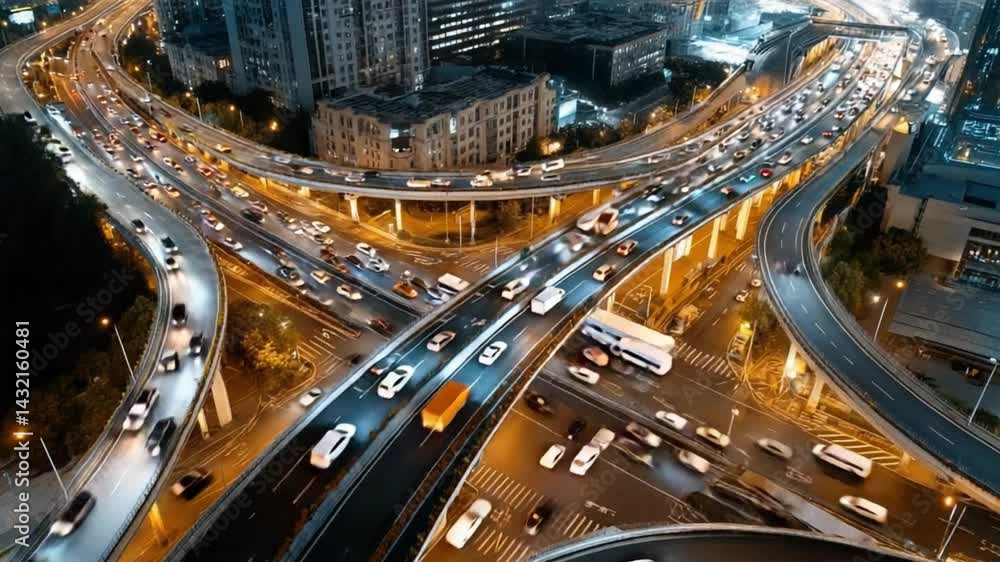 Urban Traffic Junction at Night: An elevated view captures the vibrant network of illuminated highway overpasses bustling with car movement at twilight, creating a dynamic and active cityscape. Urban Traffic Junction at Night: An elevated view captures the vibrant network of illuminated highway overpasses bustling with car movement at twilight, creating a dynamic and active cityscape.