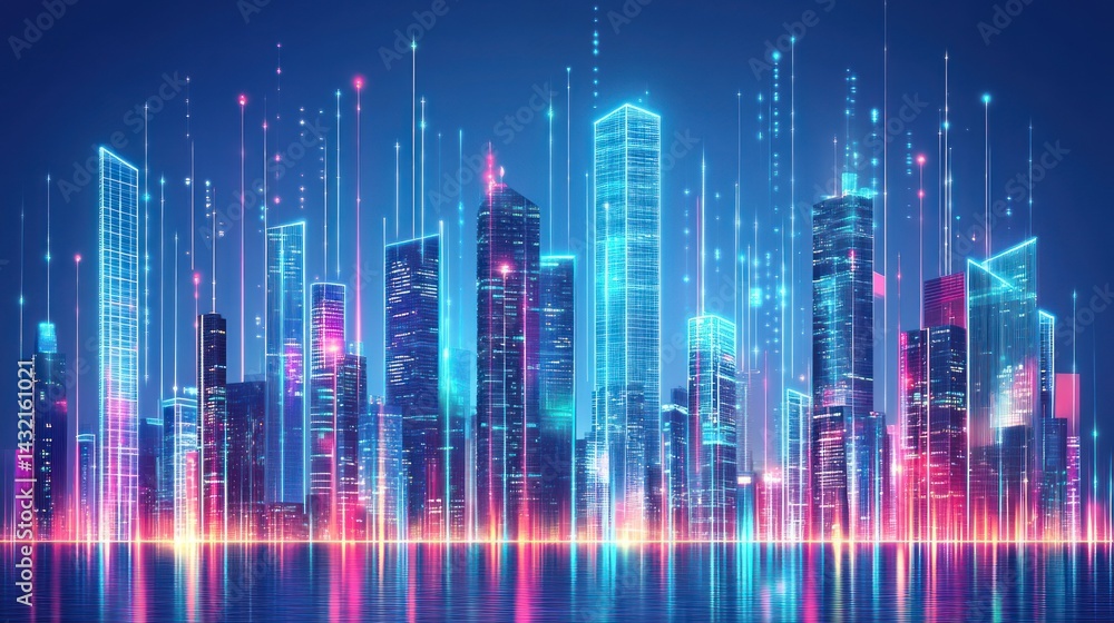 Futuristic City Skyline with Digital Network Futuristic City Skyline with Digital Network