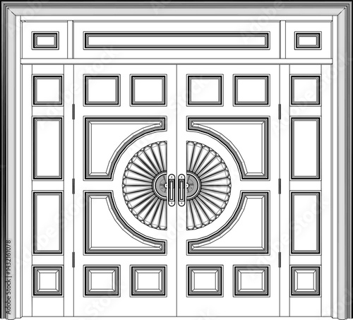 vector sketch illustration of a traditional ethnic vintage teak wood door design with Jepara carvings  