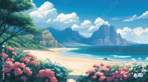 Serene tropical beach landscape. Lush vegetation borders a sandy shore, meeting a vibrant blue ocean, with towering mountains rising in the background