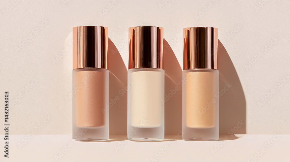 Three liquid foundation bottles in frosted glass with rose gold caps on display Three liquid foundation bottles in frosted glass with rose gold caps on display