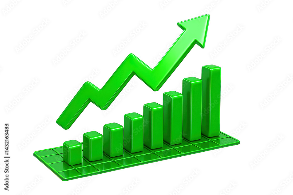 Green bar chart with upward arrow isolated on transparent background, generative ai Green bar chart with upward arrow isolated on transparent background, generative ai