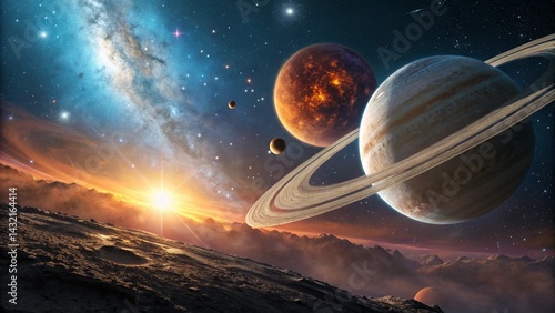 A realistic rendering of a ringed planet rising above a mountainous exomoon, with a colorful sunset sky transitioning from deep orange to twilight blue. Behind it, a glowing nebula pulses with energy,