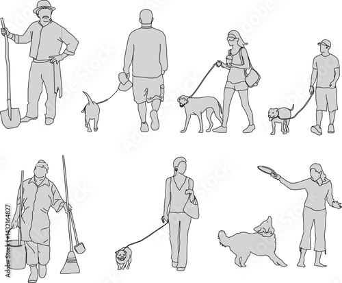 vector sketch illustration silhouette design image of a person carrying a pet dog for a walk