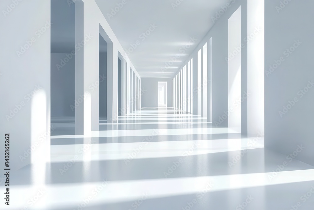 Fototapeta premium Empty, bright, modern hallway, bathed in natural light. Perspective, extending into the distance, creating a sense of spaciousness. Clean, minimalist design