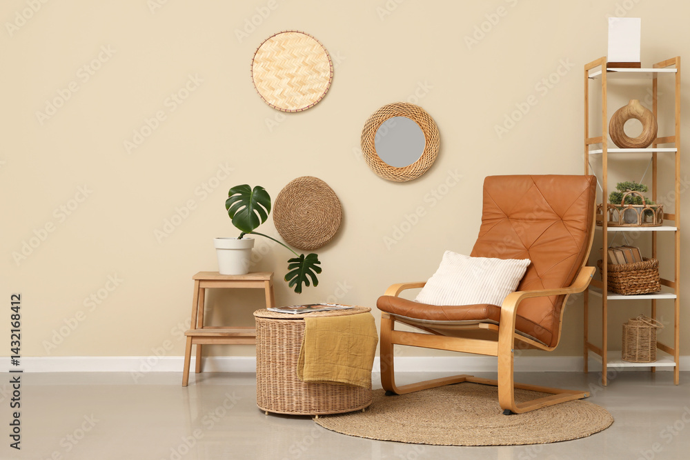 Interior of room with armchair, shelving unit and mirror