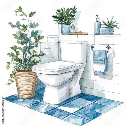 Modern Bathroom Design, watercolor vector, isolated on a white background.