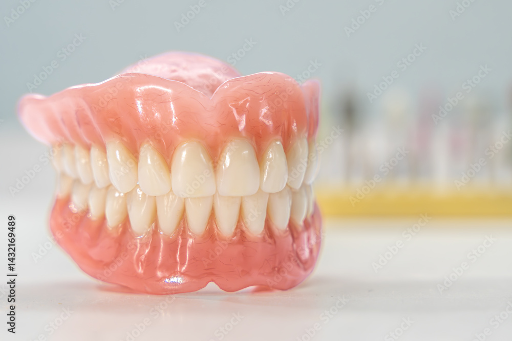 Obraz premium Close-up of a dental prosthetic model with artificial teeth and gums on a wooden surface. Ideal for dental care imagery
